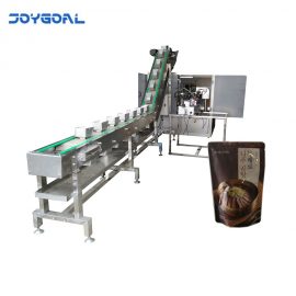 Automatic pouch packing machine for filling granule meat and sauce separately with elevator and paste filler