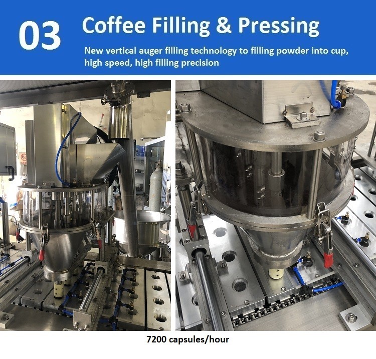 KFJ-4 Automatic Nespresso coffee capsule filling and sealing machine [4 lines, 7200 capsules/hour, roll film, punch cutting]