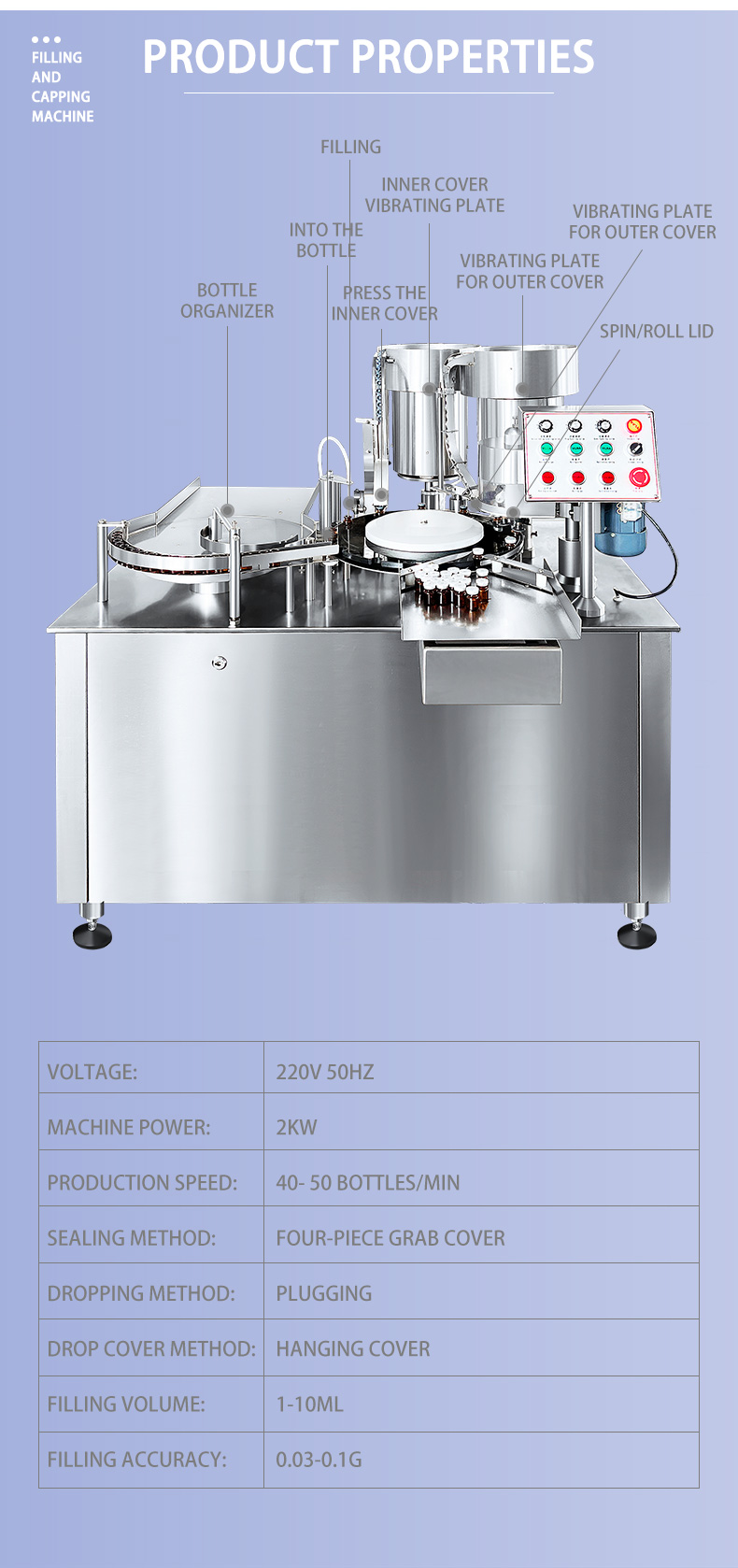 Pharmaceutical Injection Vial Filling Machine, Automatic Vial Filling Plugging and Sealing Machine for 7-100ml Aseptic Vial